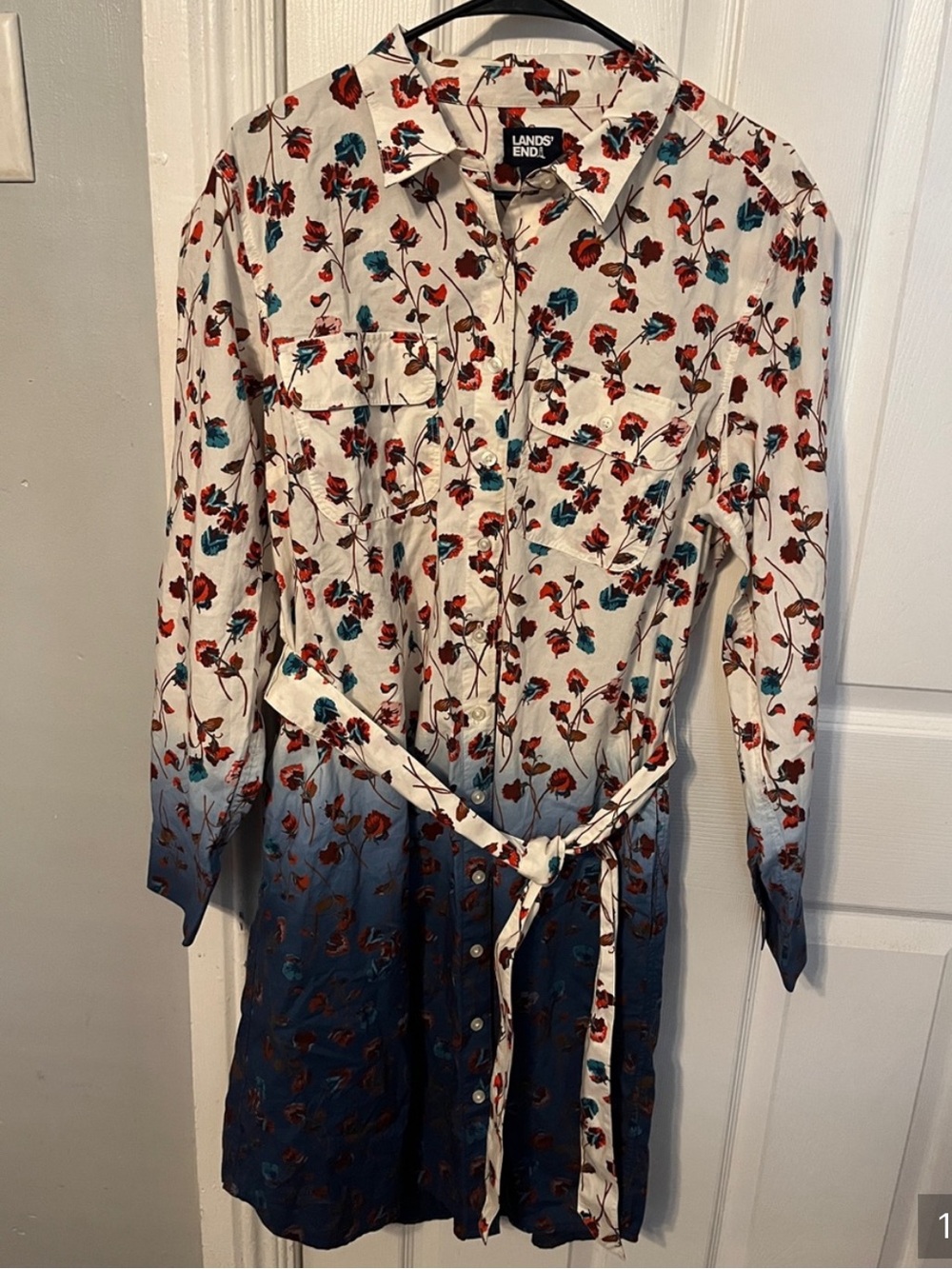 Lands' End Floral Ombre Shirt Dress in White, Red and Teal